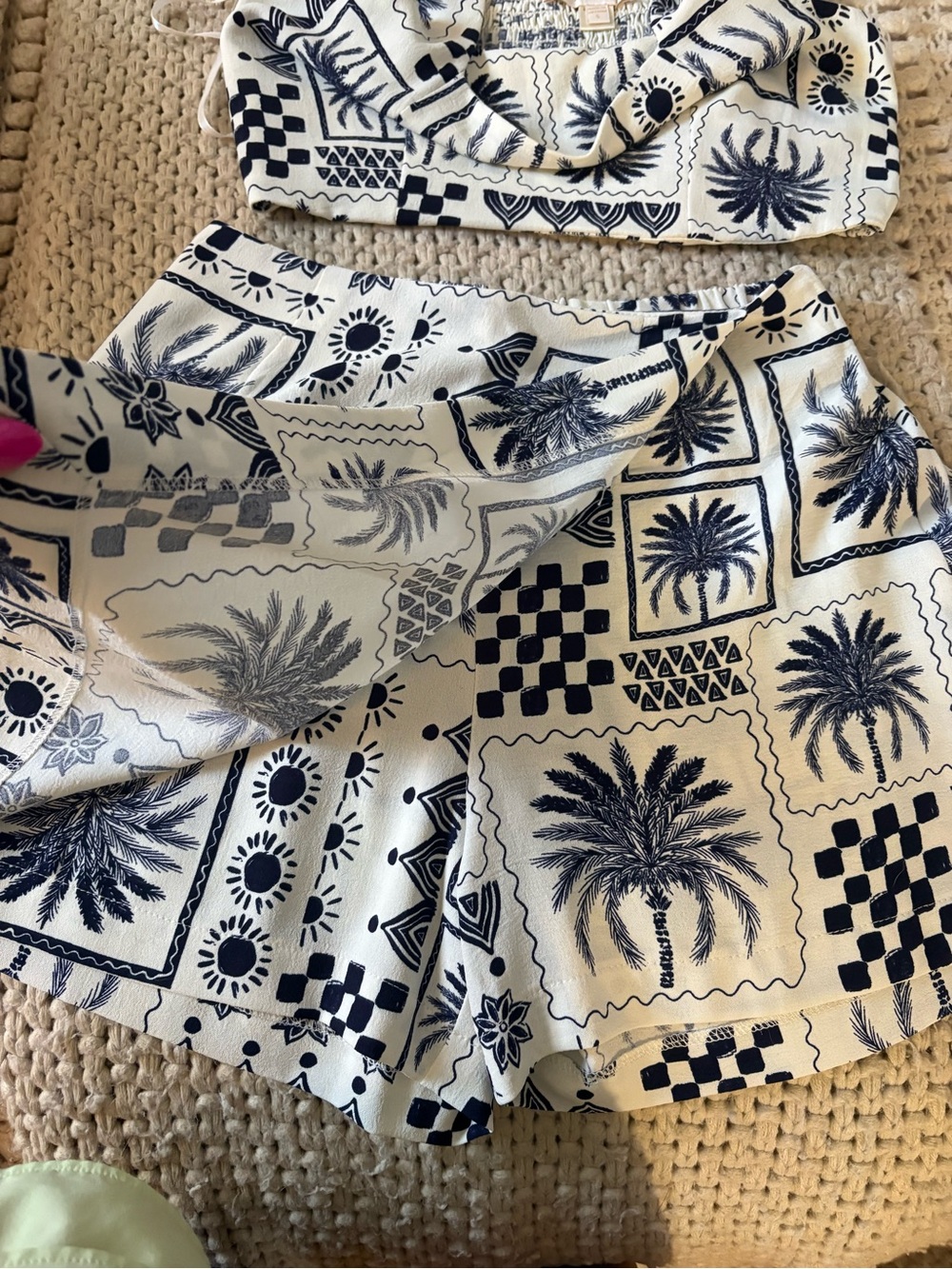 Women's Two-Piece Palm Print Skirt Set - Navy on Cream - Picture 5 of 5